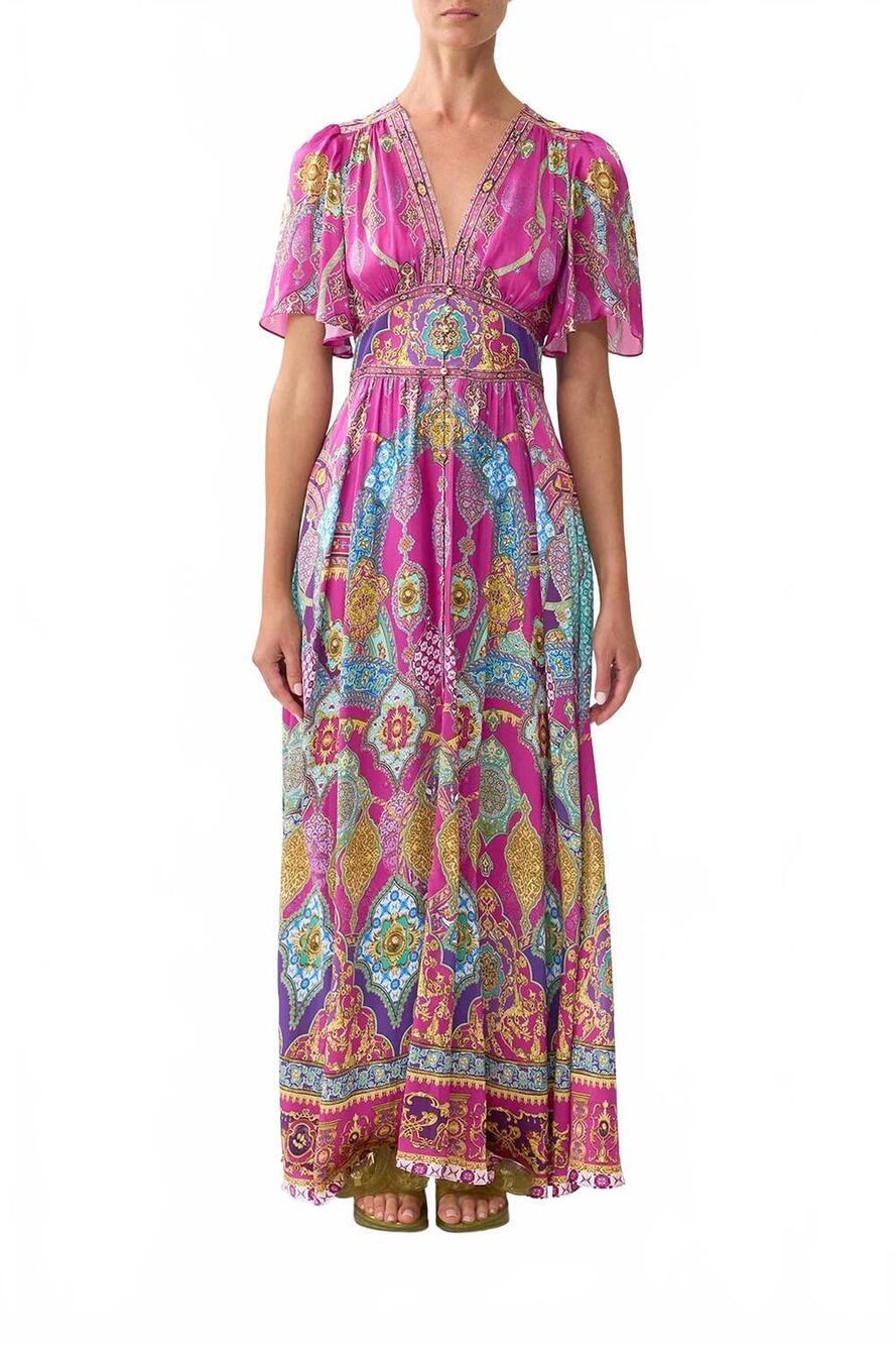 NEW CAMILLA shaped waistband dress with flutter sleeves in concsult